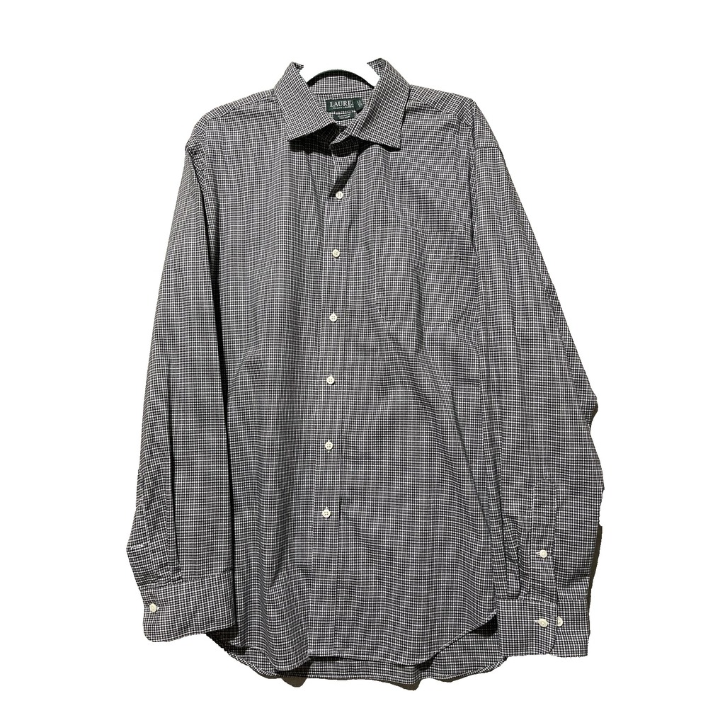 Ralph Lauren Dress Shirt Mens 17 1/2 Black Plaid Classic Fit Non Iron Preppy - Picture 2 of 4